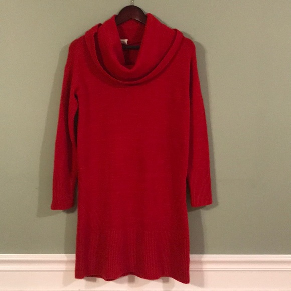 red cowl neck sweater dress